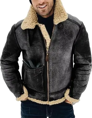 Mens Faux Leather Jacket Faux Fur Overcoat Long Sleeve Lapel Zip Up Jacket Cozy Retro Fuzzy Sherpa Fleece Lined Coats