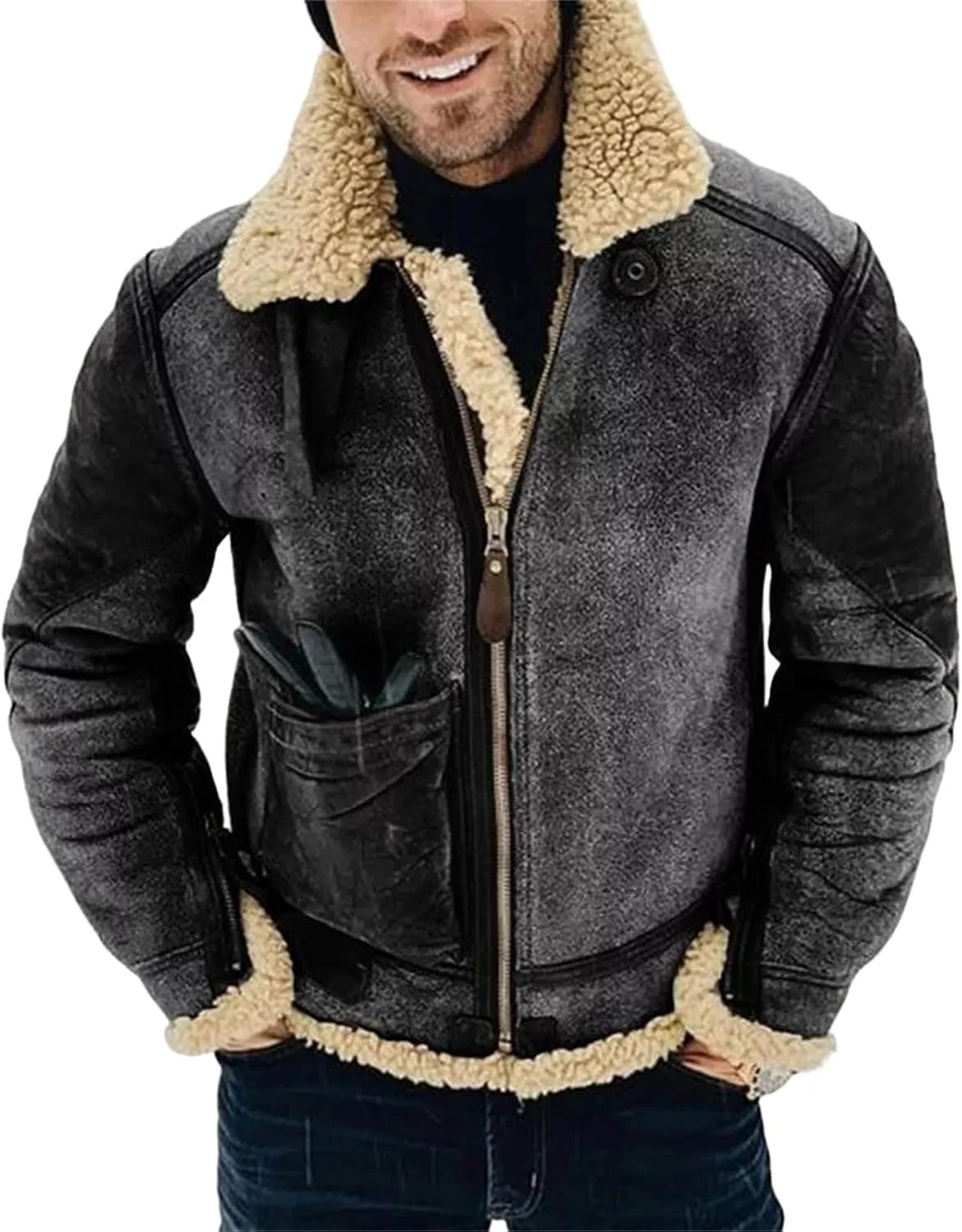 Mens Faux Leather Jacket Faux Fur Overcoat Long Sleeve Lapel Zip Up Jacket Cozy Retro Fuzzy Sherpa Fleece Lined Coats
