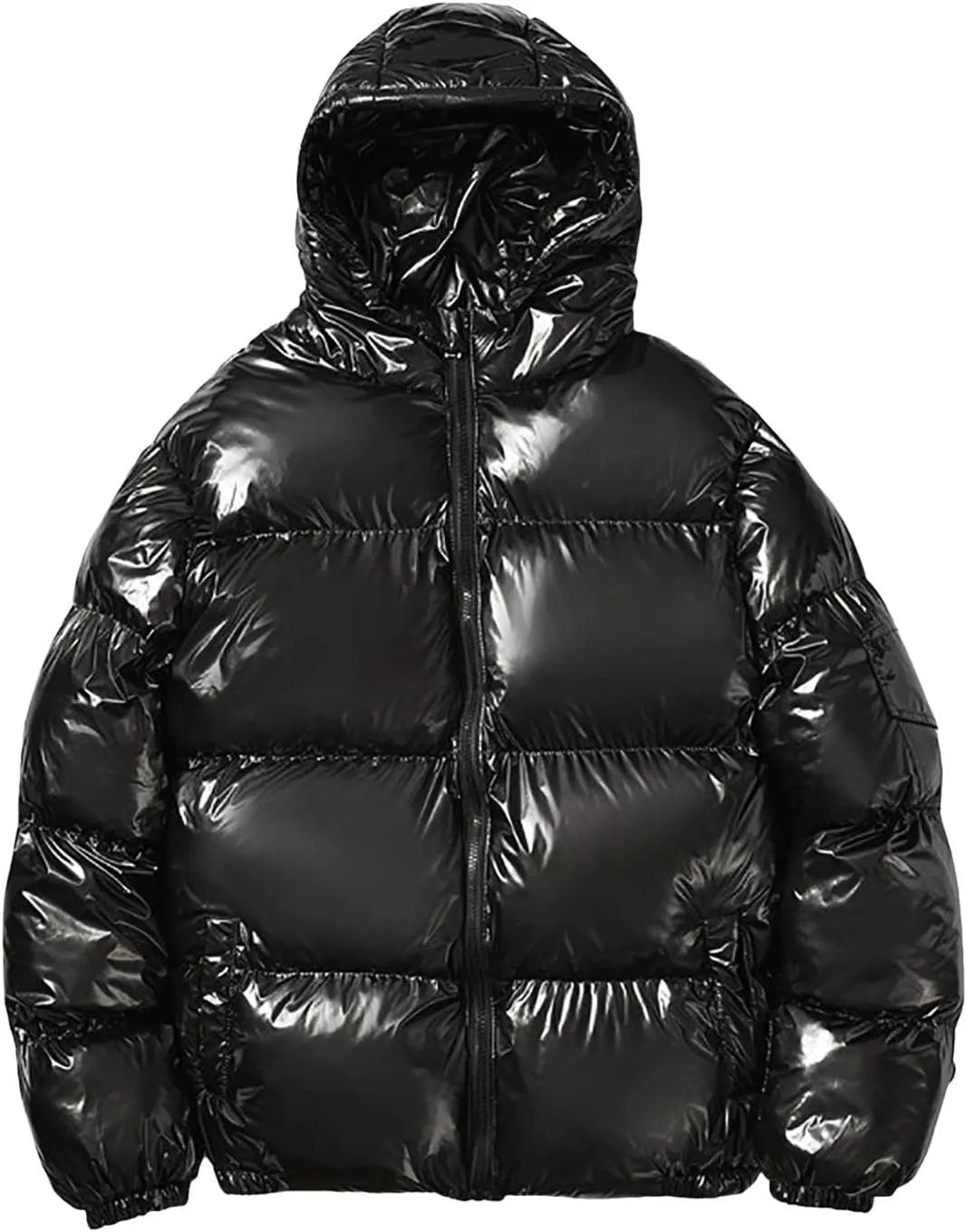 Men's Metallic Hooded Puffer Jacket Winter Warm Down Jackets Y2K Streetwear Full Zip Up Quilted Insulated Padded Coat