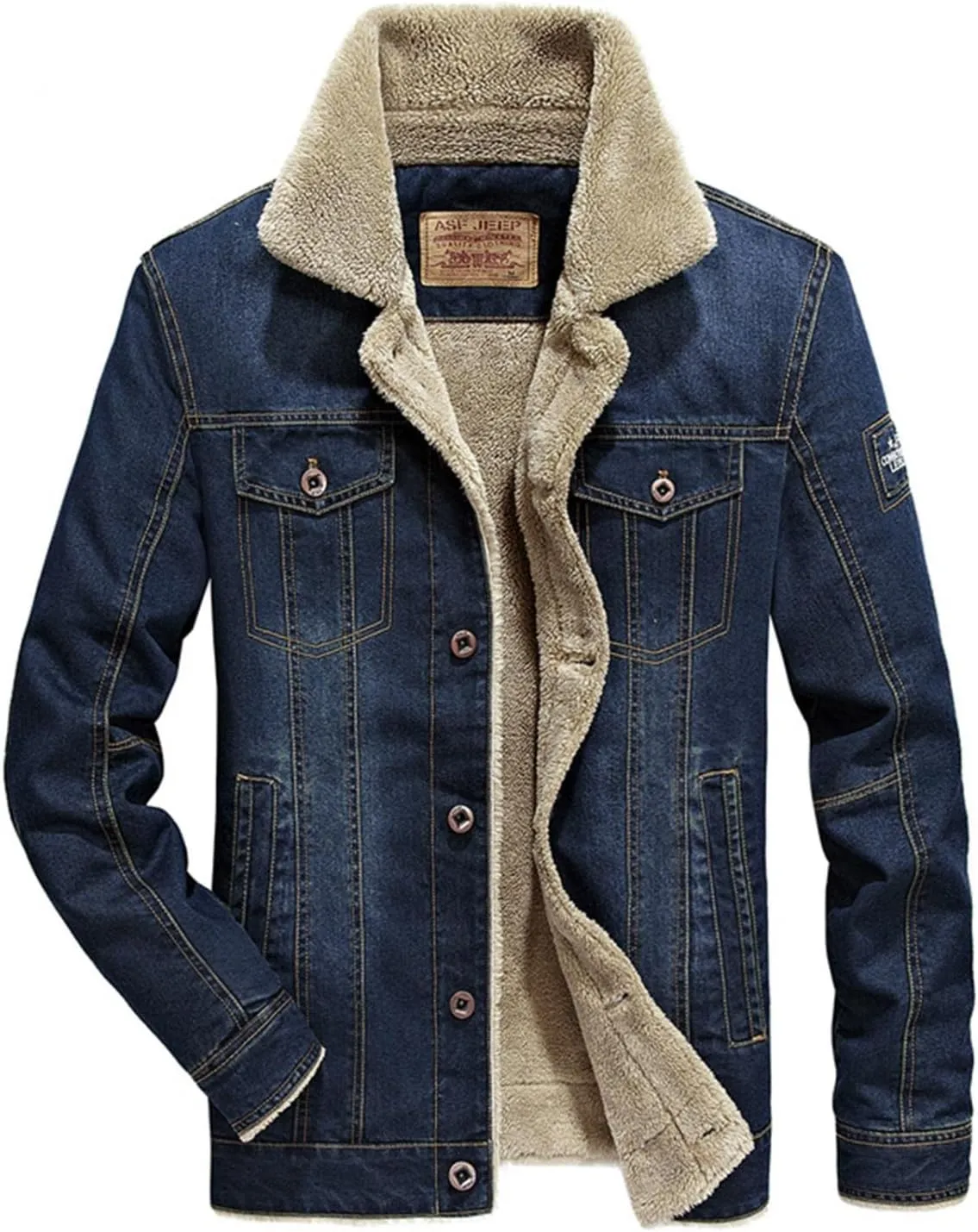 Mens Sherpa Fleece Lined Denim Trucker Jackets Cotton Military Cargo Coats Winter Lapel Slim Cowboy Jean Jackets L-4XL