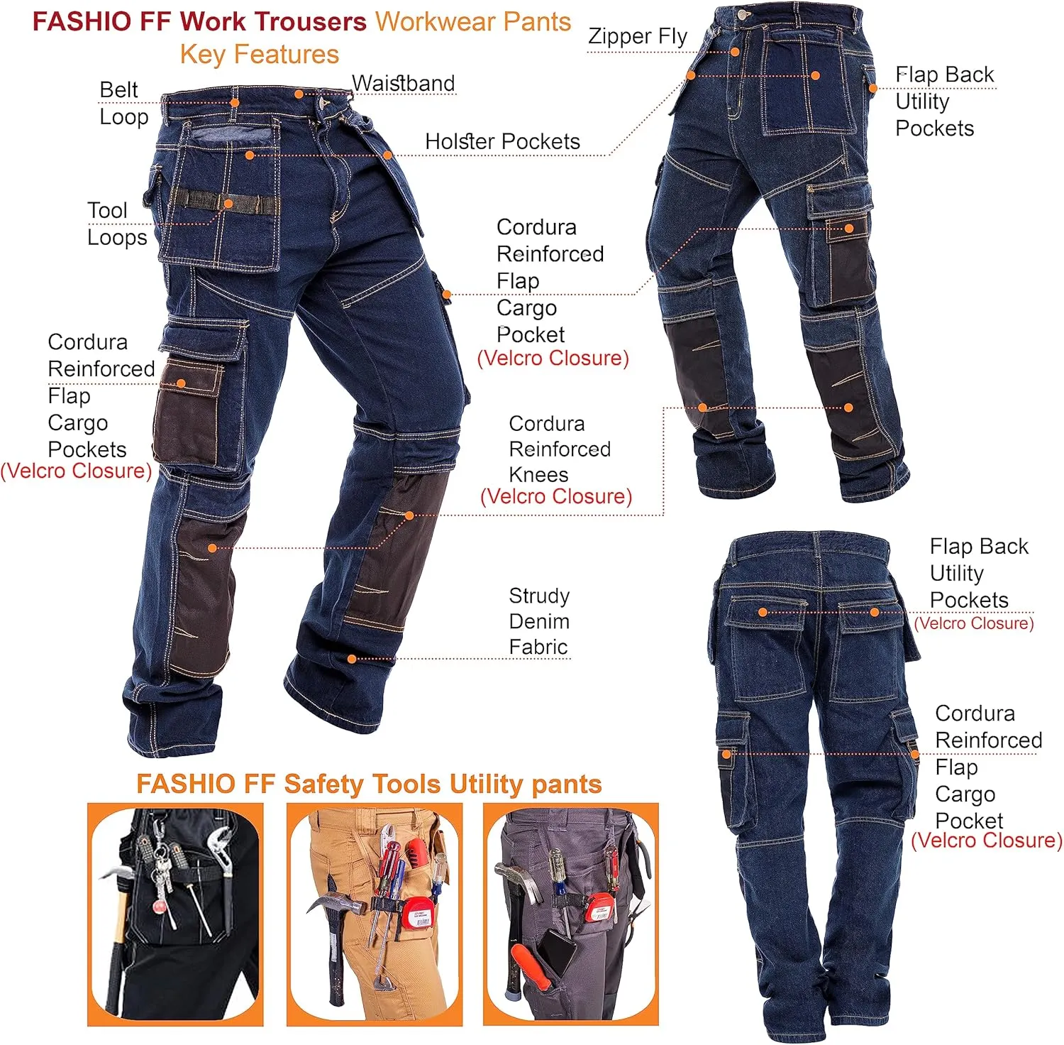 Mens Work Pants Tactical Utility Cargo Work Trousers Heavy Duty Construction Pants for Men Multi Pockets Denim Working Jeans