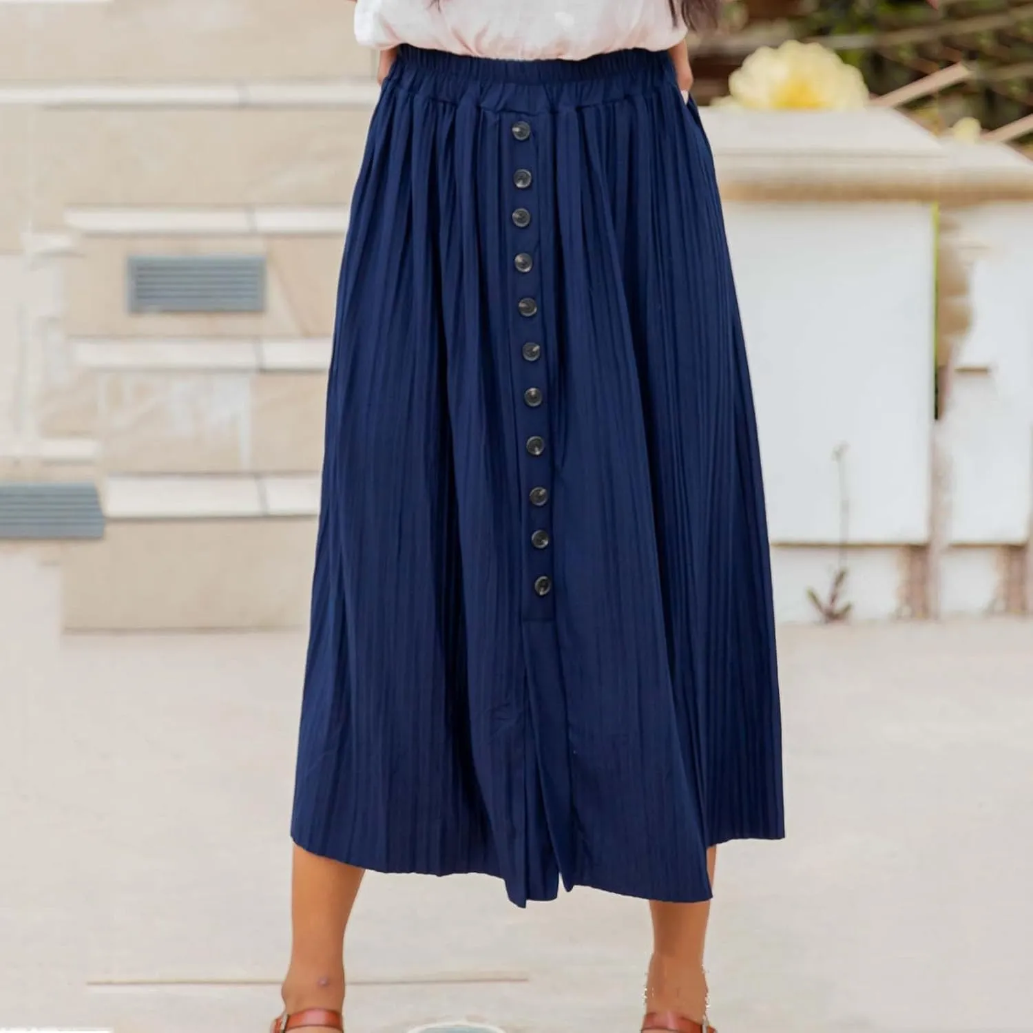 Midi Skirts for Women Casual Summer Beach Vacation High Elastic Waist Front Button A-Line Pleated Flowy Skirts