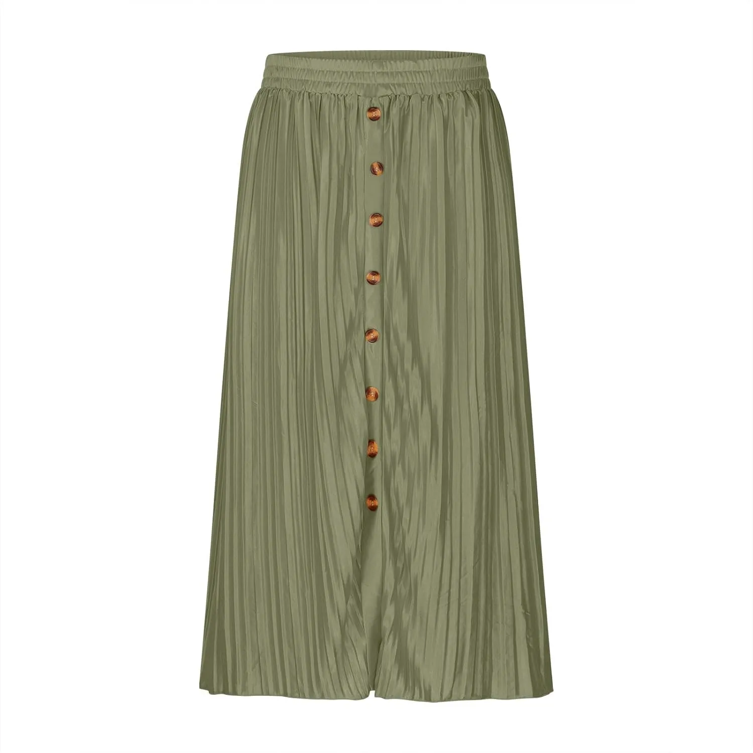 Midi Skirts for Women Casual Summer Beach Vacation High Elastic Waist Front Button A-Line Pleated Flowy Skirts