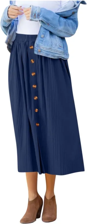Midi Skirts for Women Casual Summer Beach Vacation High Elastic Waist Front Button A-Line Pleated Flowy Skirts