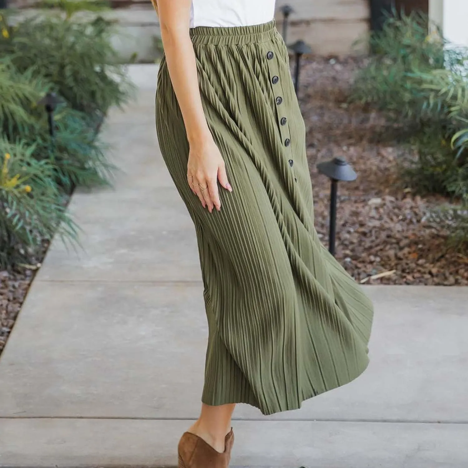 Midi Skirts for Women Casual Summer Beach Vacation High Elastic Waist Front Button A-Line Pleated Flowy Skirts