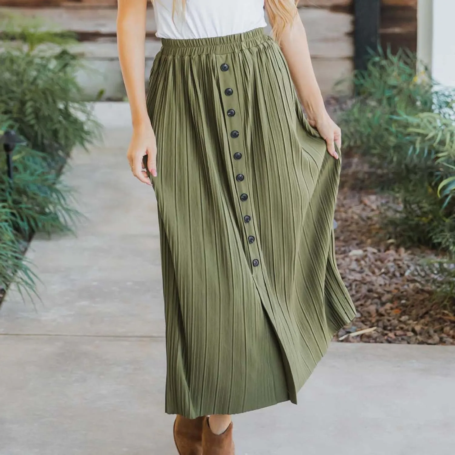 Midi Skirts for Women Casual Summer Beach Vacation High Elastic Waist Front Button A-Line Pleated Flowy Skirts