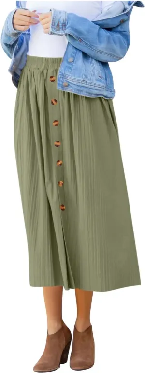 Midi Skirts for Women Casual Summer Beach Vacation High Elastic Waist Front Button A-Line Pleated Flowy Skirts