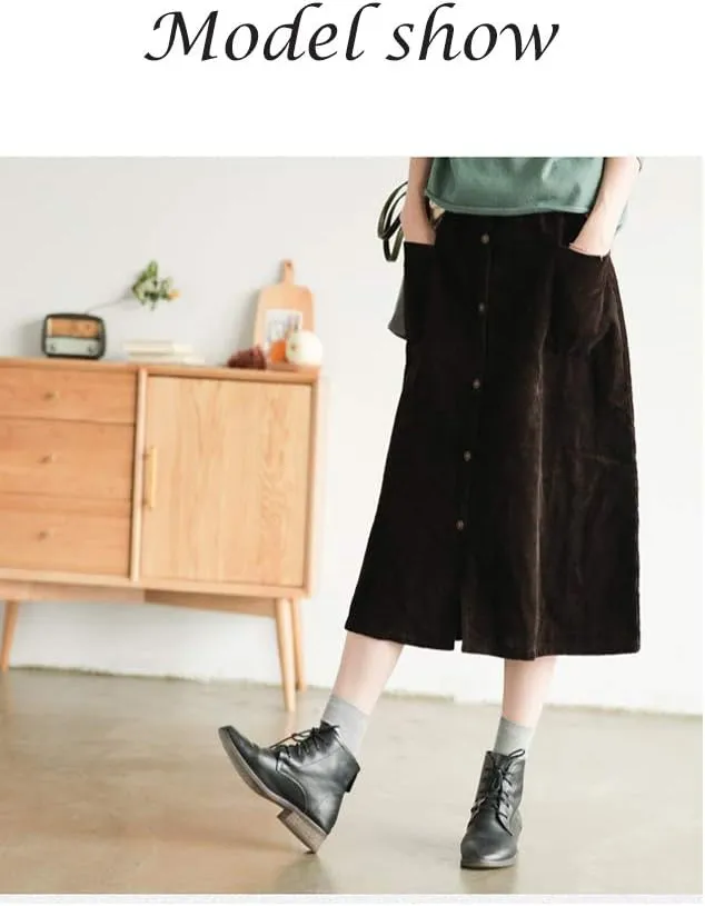 Minibee Women's Corduroy Midi Skirt Front Split Buttons Decoration A-Line Dress