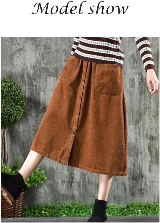 Minibee Women's Corduroy Midi Skirt Front Split Buttons Decoration A-Line Dress