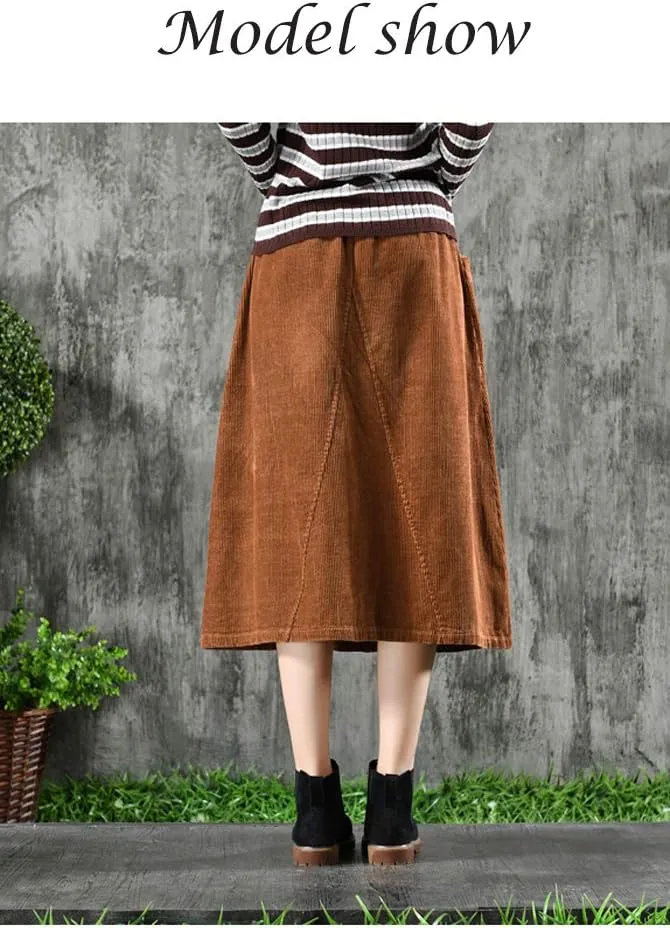 Minibee Women's Corduroy Midi Skirt Front Split Buttons Decoration A-Line Dress