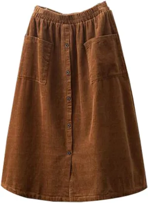 Minibee Women's Corduroy Midi Skirt Front Split Buttons Decoration A-Line Dress