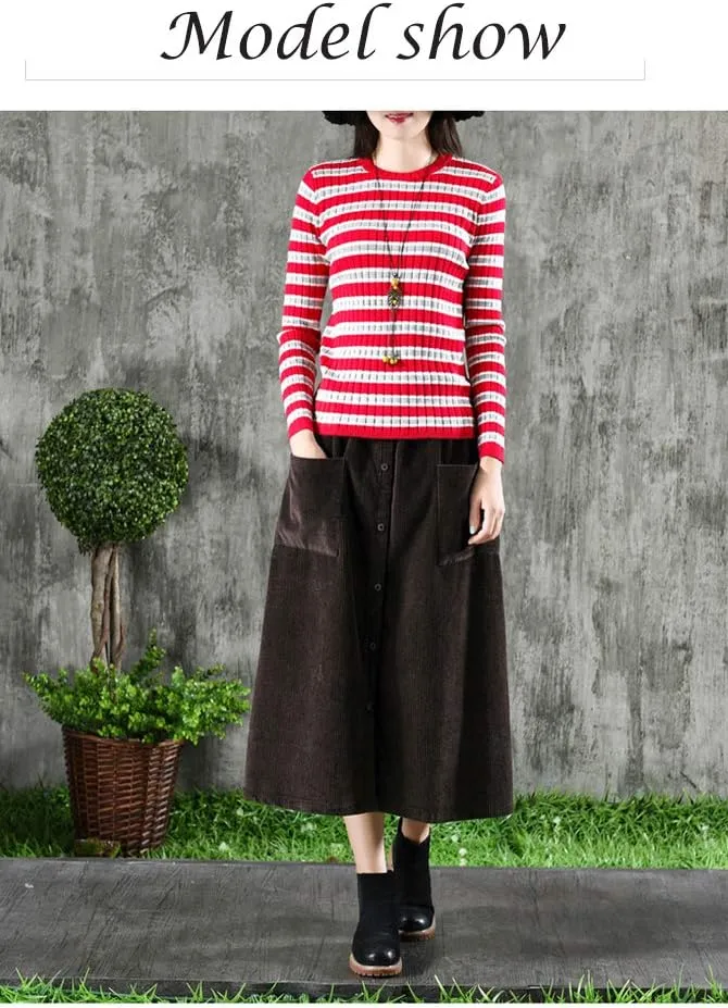 Minibee Women's Corduroy Midi Skirt Front Split Buttons Decoration A-Line Dress