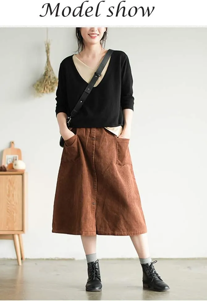 Minibee Women's Corduroy Midi Skirt Front Split Buttons Decoration A-Line Dress