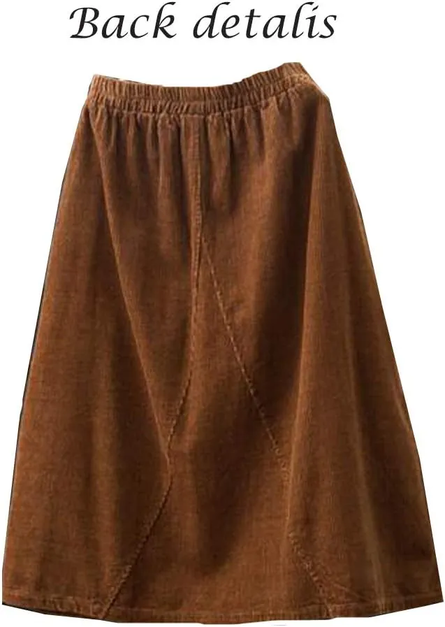 Minibee Women's Corduroy Midi Skirt Front Split Buttons Decoration A-Line Dress