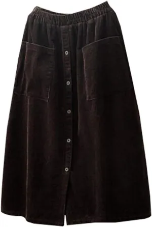 Minibee Women's Corduroy Midi Skirt Front Split Buttons Decoration A-Line Dress