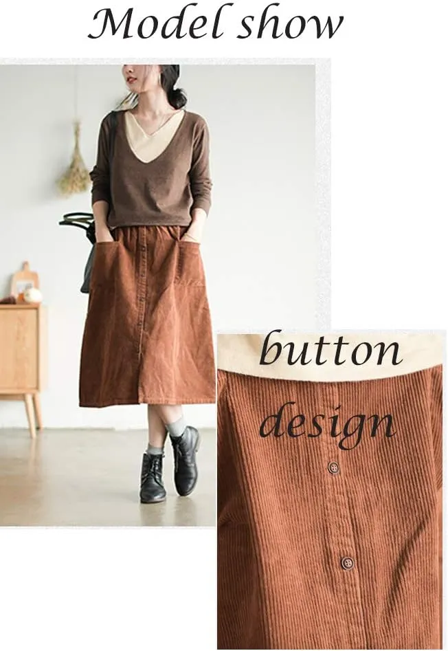 Minibee Women's Corduroy Midi Skirt Front Split Buttons Decoration A-Line Dress