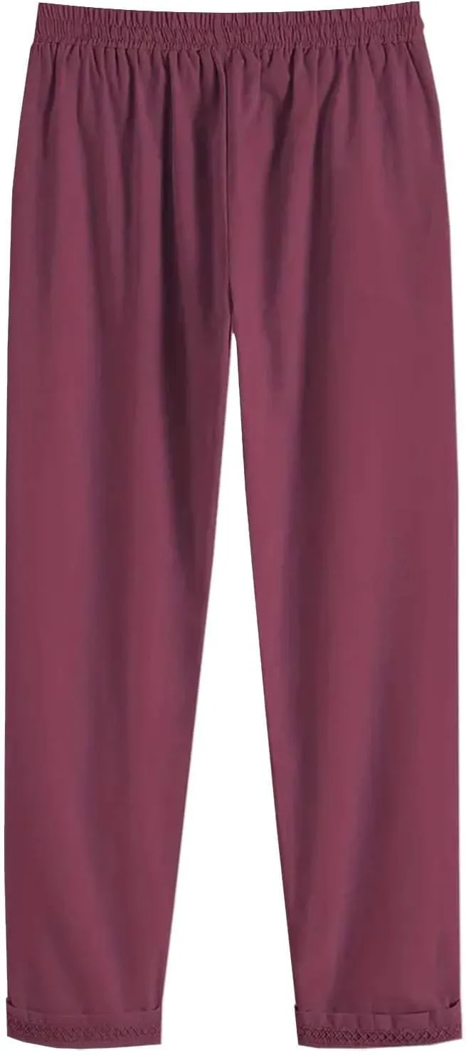 Miyaomn Women's Stylish Linen Straight Leg Pants Drawstring Elastic Waist Casual Joggers Folded Bottom Lounge Trousers Slacks