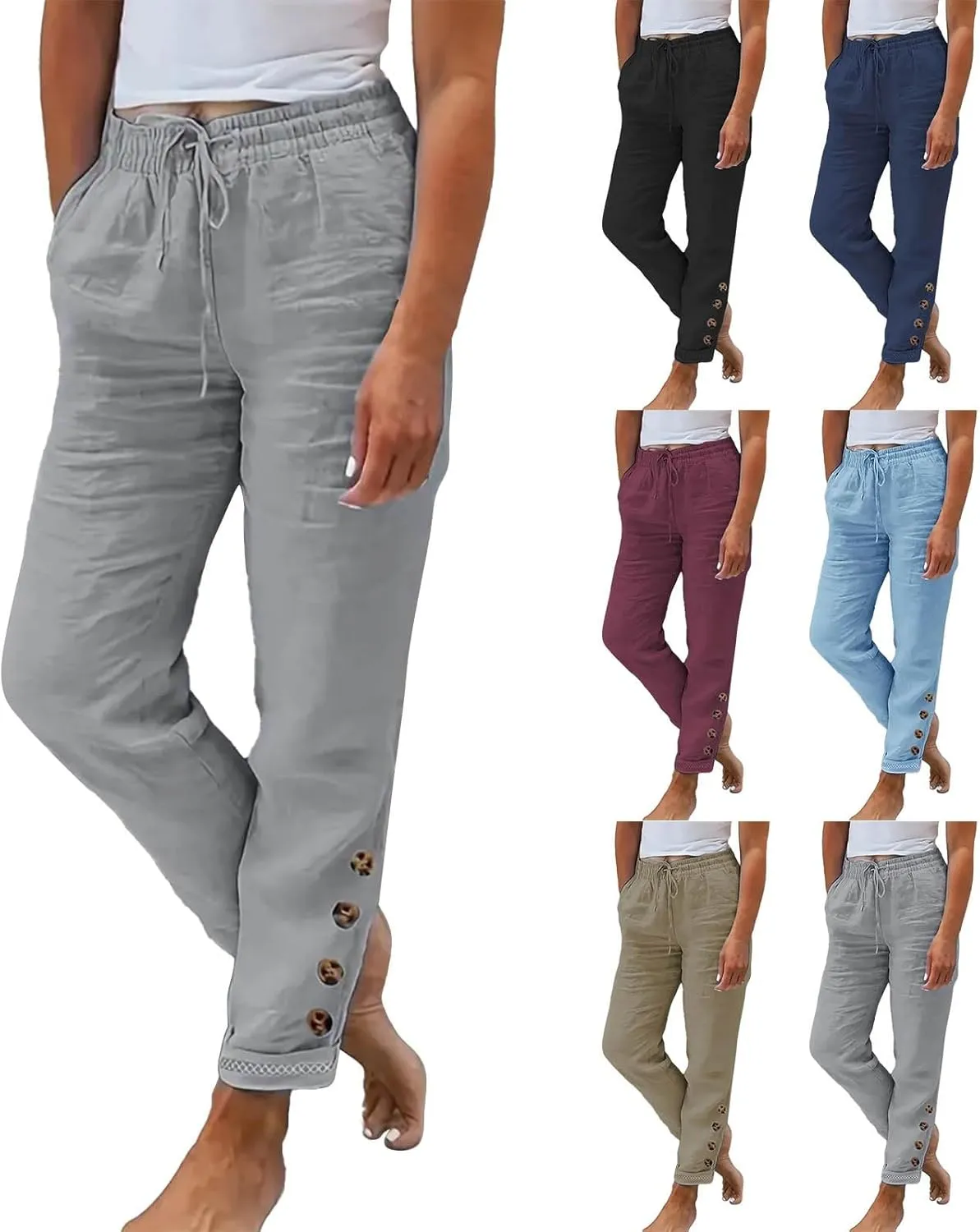 Miyaomn Women's Stylish Linen Straight Leg Pants Drawstring Elastic Waist Casual Joggers Folded Bottom Lounge Trousers Slacks