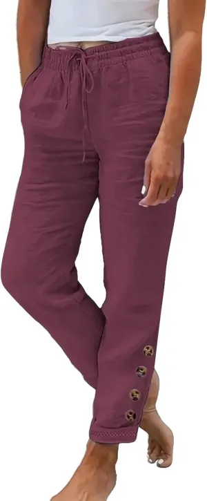 Miyaomn Women's Stylish Linen Straight Leg Pants Drawstring Elastic Waist Casual Joggers Folded Bottom Lounge Trousers Slacks