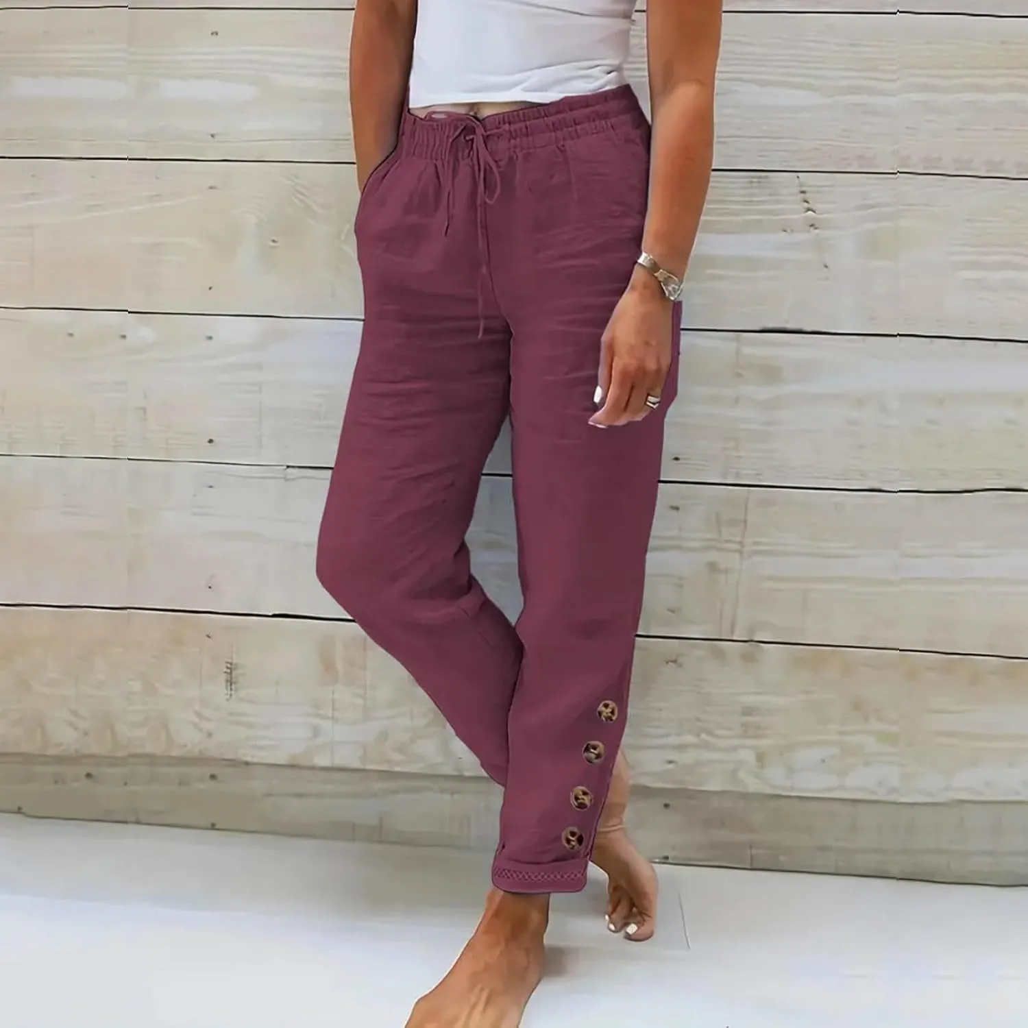 Miyaomn Women's Stylish Linen Straight Leg Pants Drawstring Elastic Waist Casual Joggers Folded Bottom Lounge Trousers Slacks