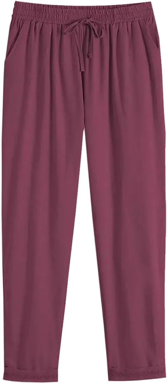 Miyaomn Women's Stylish Linen Straight Leg Pants Drawstring Elastic Waist Casual Joggers Folded Bottom Lounge Trousers Slacks