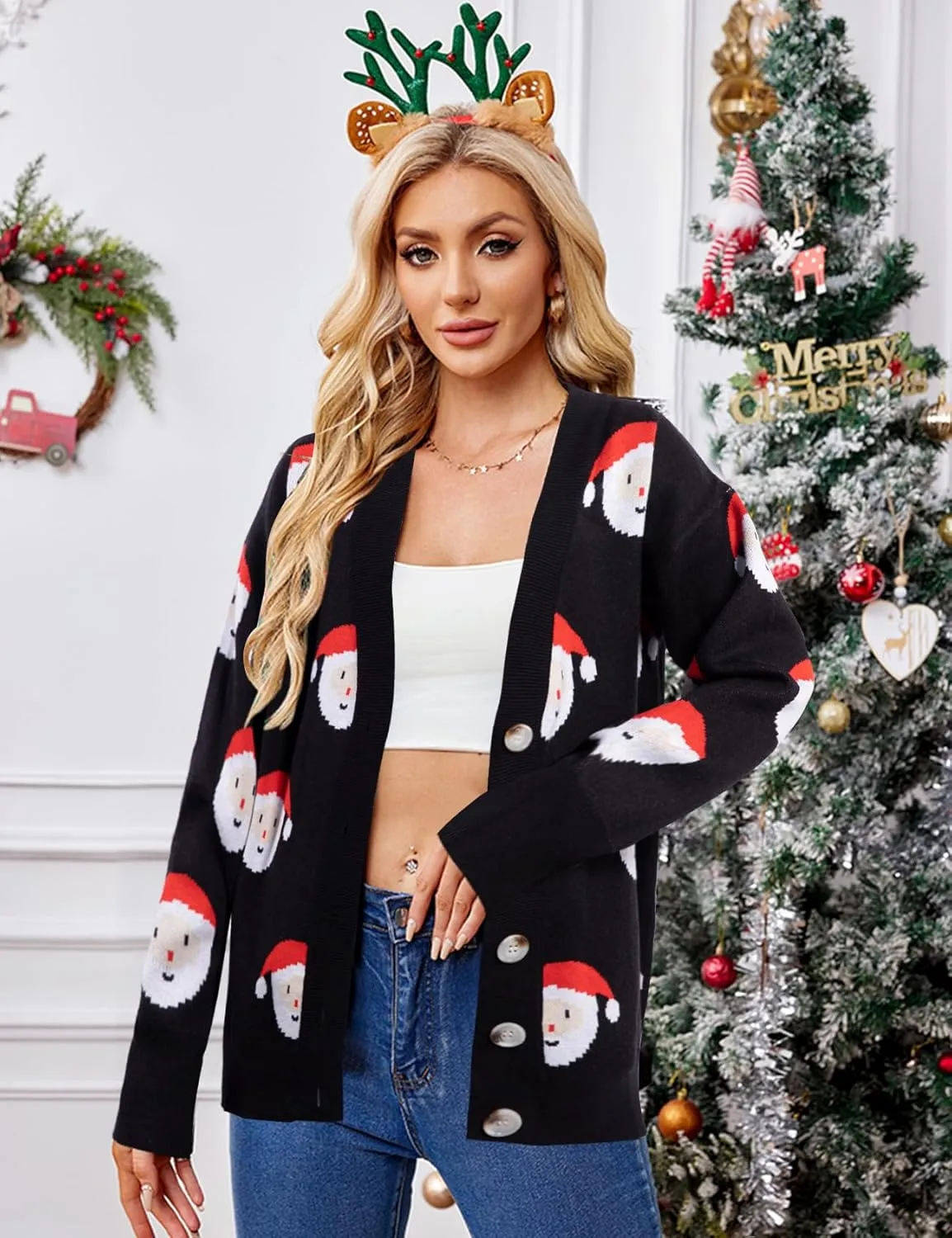 MOUSYA Ugly Christmas Sweater Cardigan Women Santa Claus Open Front Button Down Top Lightweight Knit Cardigan Crewneck