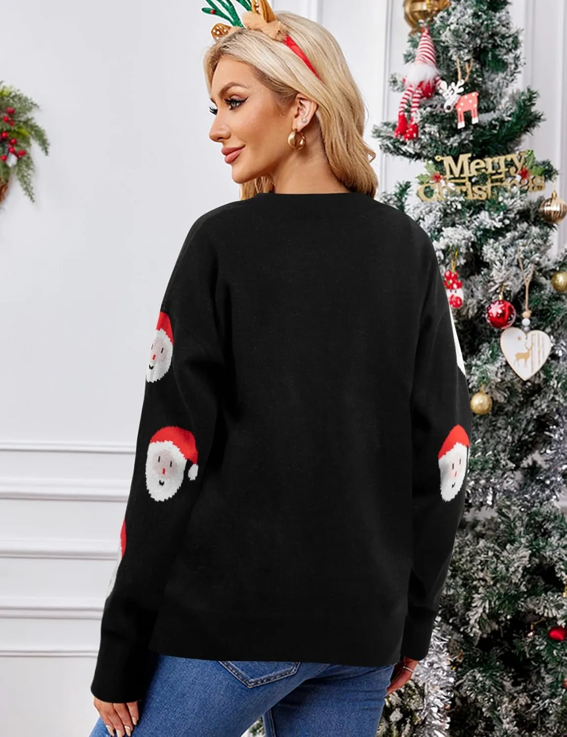 MOUSYA Ugly Christmas Sweater Cardigan Women Santa Claus Open Front Button Down Top Lightweight Knit Cardigan Crewneck