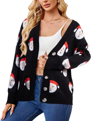 MOUSYA Ugly Christmas Sweater Cardigan Women Santa Claus Open Front Button Down Top Lightweight Knit Cardigan Crewneck