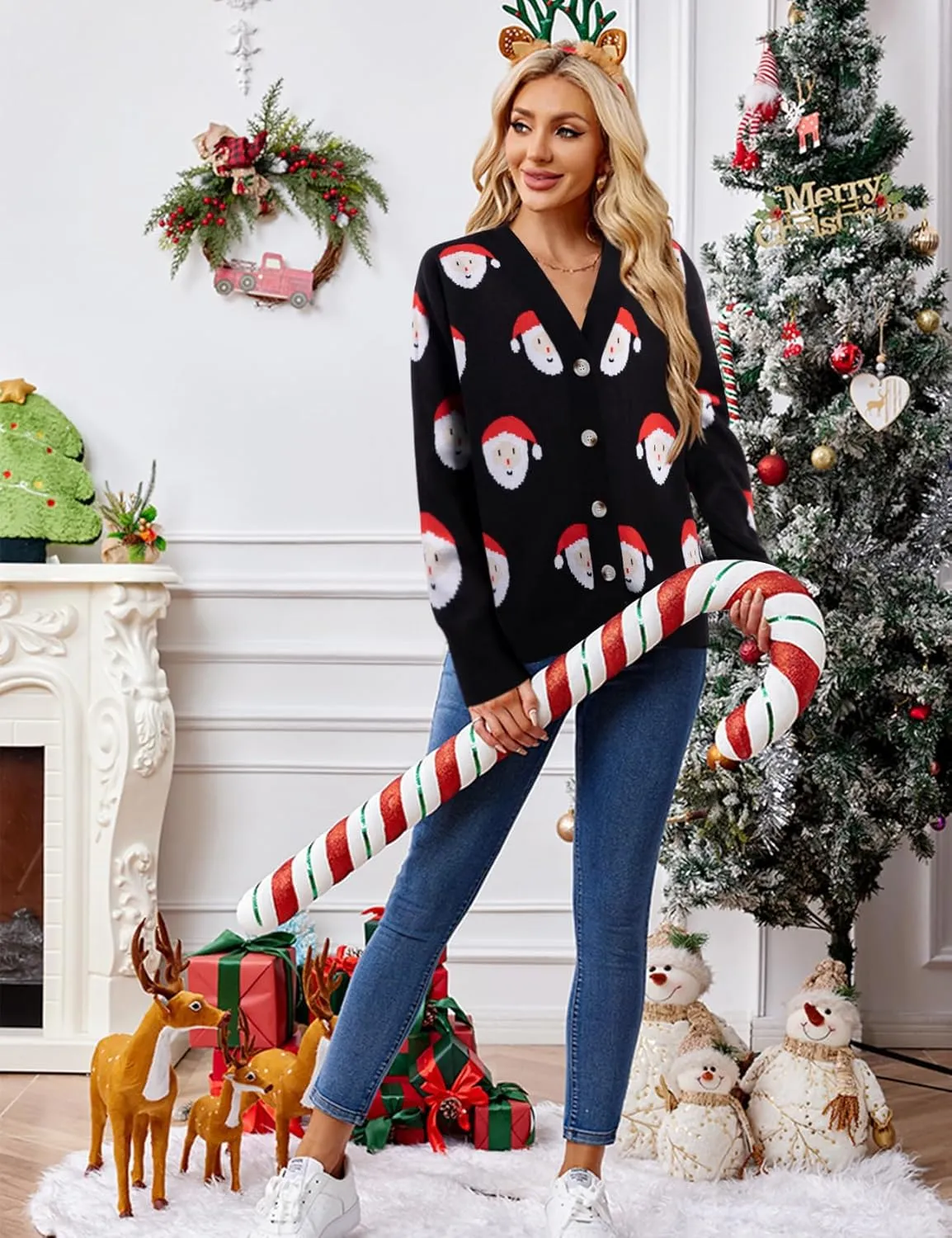 MOUSYA Ugly Christmas Sweater Cardigan Women Santa Claus Open Front Button Down Top Lightweight Knit Cardigan Crewneck