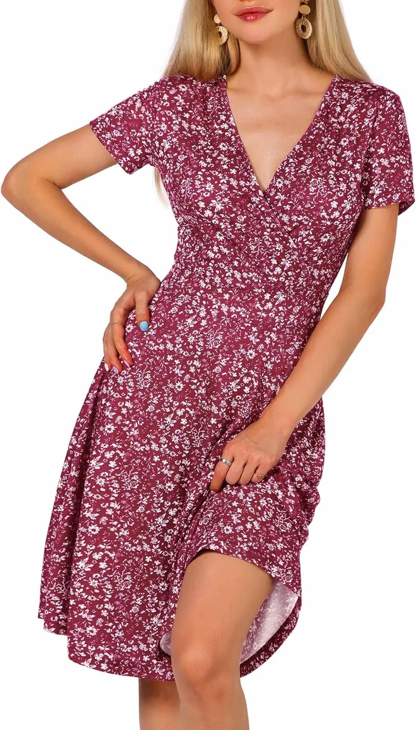 MSBASIC Womens Summer Wrap V Neck Casual Dresses Floral Short Sleeve A-Line Midi Sundress