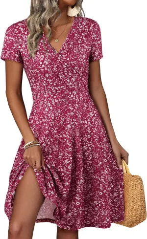 MSBASIC Womens Summer Wrap V Neck Casual Dresses Floral Short Sleeve A-Line Midi Sundress
