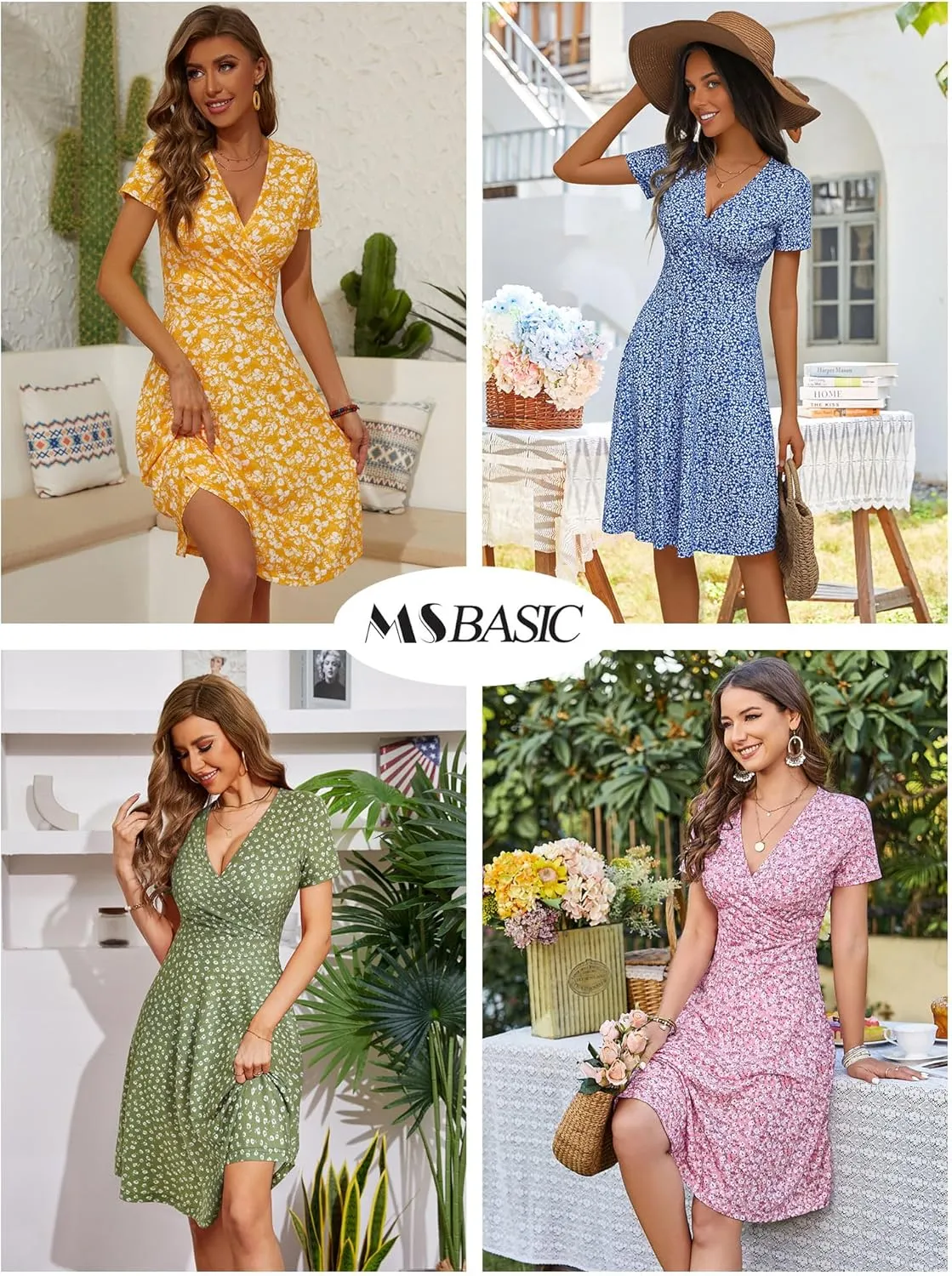 MSBASIC Womens Summer Wrap V Neck Casual Dresses Floral Short Sleeve A-Line Midi Sundress