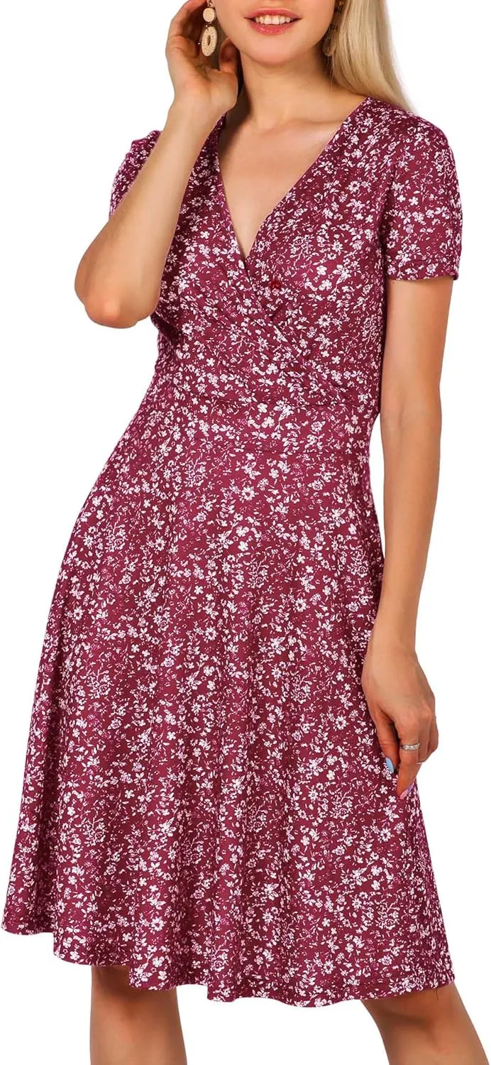 MSBASIC Womens Summer Wrap V Neck Casual Dresses Floral Short Sleeve A-Line Midi Sundress