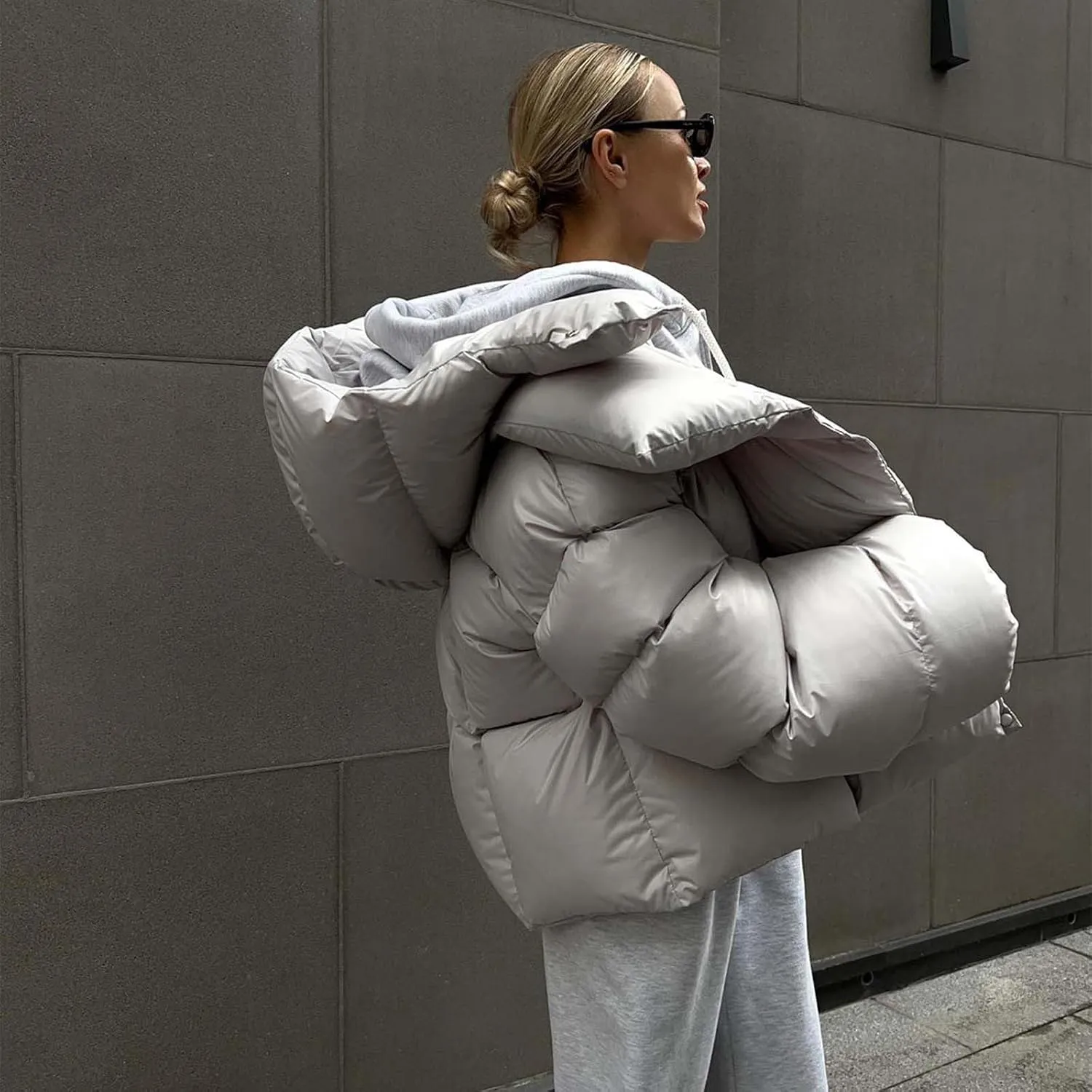 Oversized Down Jacket Womens Thickened Short Padded Y2k Puffer Pockets Cropped Winter Coat Outerwear Removable Hood