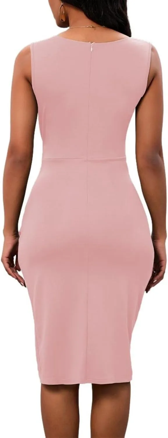 PerZeal Women's Sexy V Neck Sleeveless Bodycon Dress Cocktail Evening Party Wedding Guest Work Faux Wrap Ruched Midi Dresse