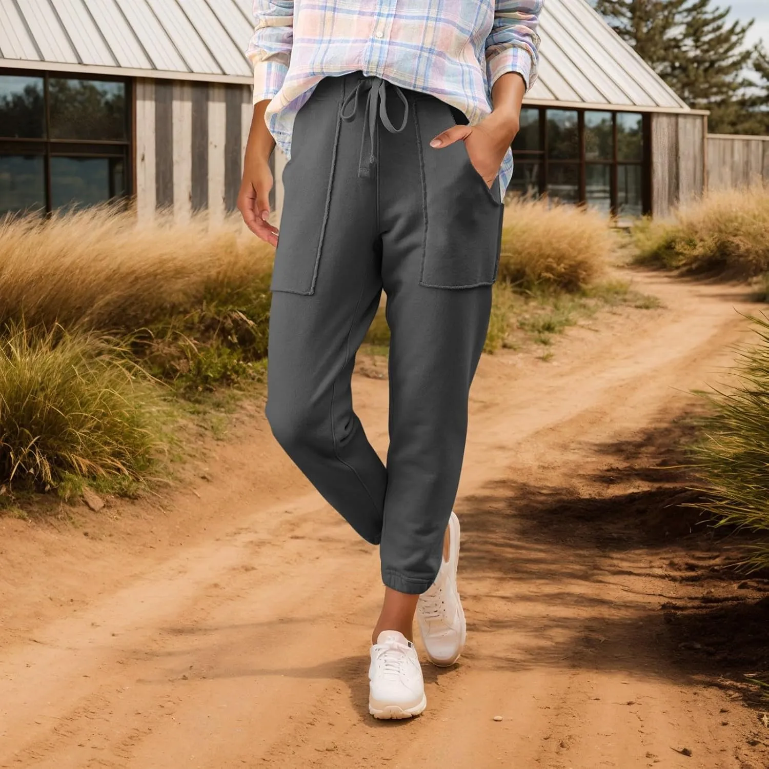 Petite Sweatpants for Women Petite Length Jogger Sweatpants Baggy Fleece Drawstring High Waisted Sweatpants w/Pockets