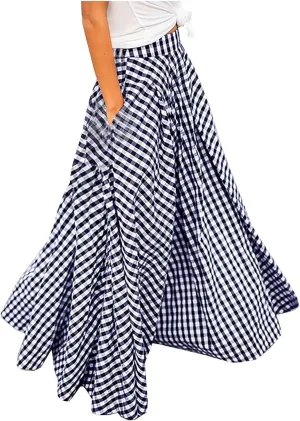 Plaid Maxi Skirts for Women Plus Size Midi Skirts Flowy Beach Skirt Long Summer Skirts Gingham Skirt A Line Skirts