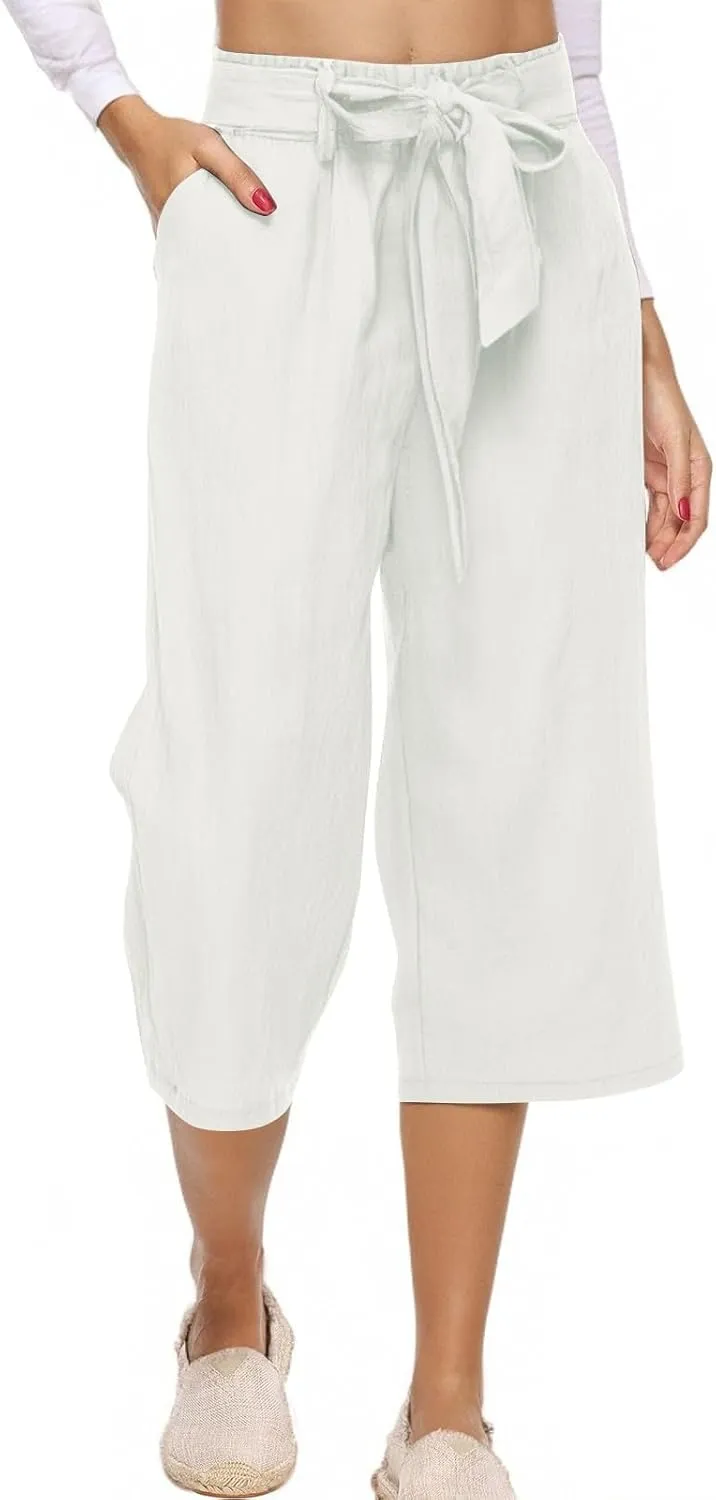 Plus Size Capris for Women Knot Tie High Waisted Linen Capri Pants Lightweight Summer Crop Paperbag Pants with Pocket