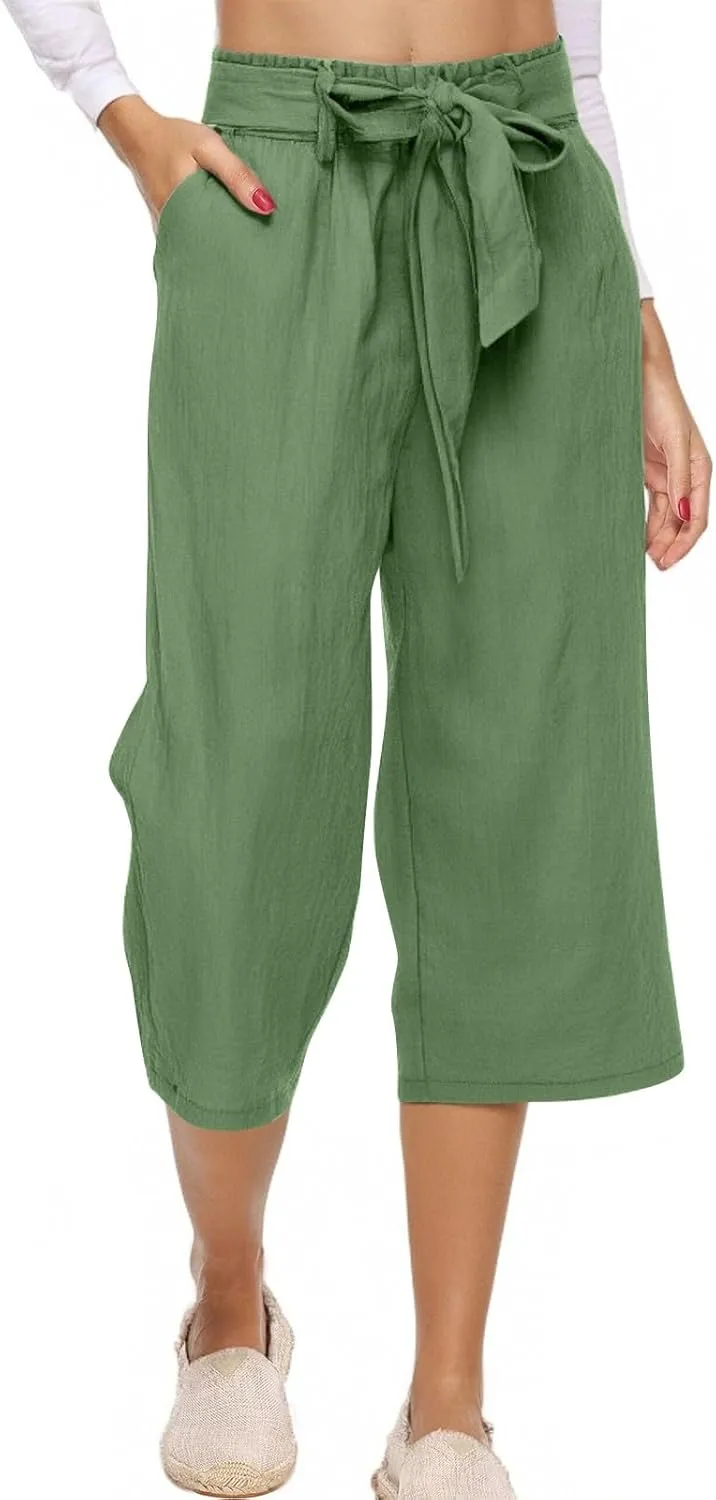 Plus Size Capris for Women Knot Tie High Waisted Linen Capri Pants Lightweight Summer Crop Paperbag Pants with Pocket