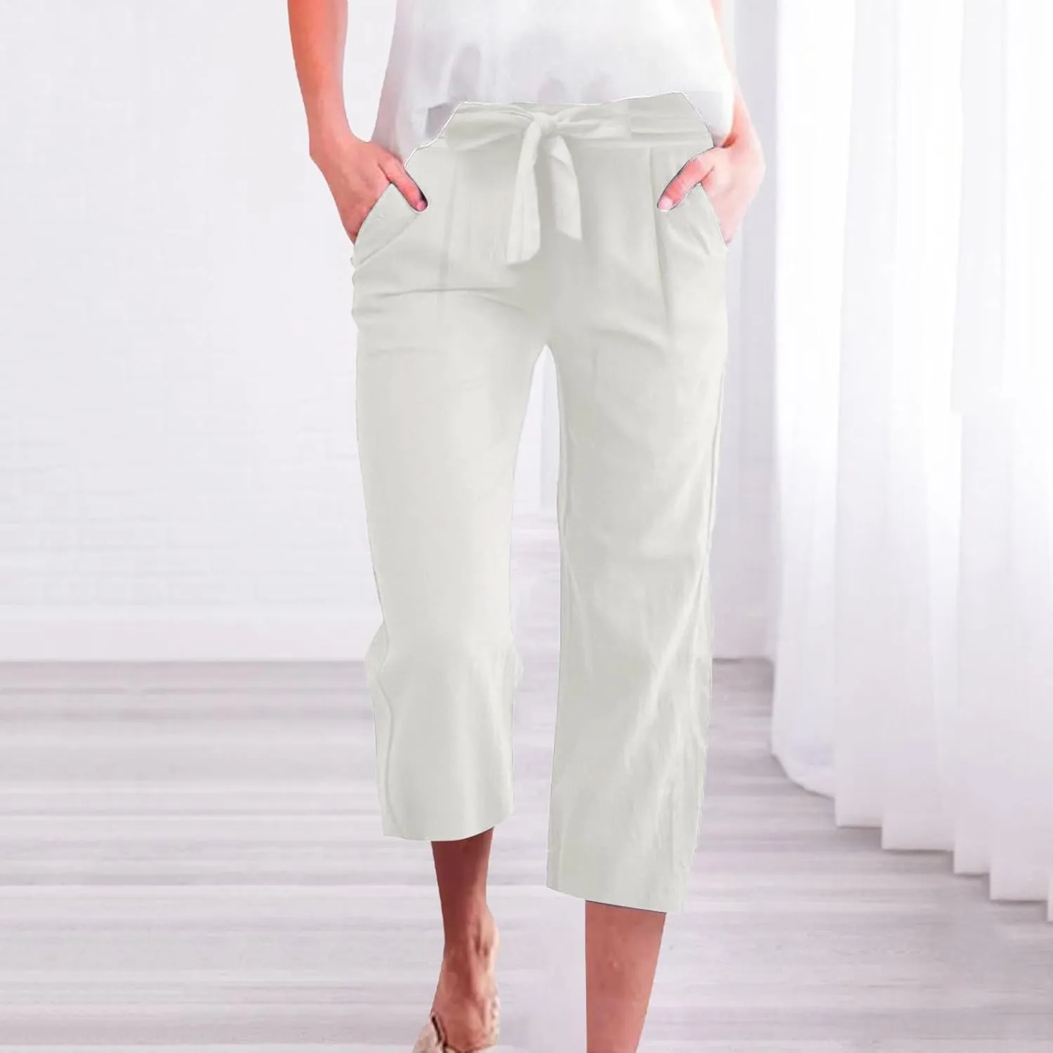 Plus Size Capris for Women Knot Tie High Waisted Linen Capri Pants Lightweight Summer Crop Paperbag Pants with Pocket