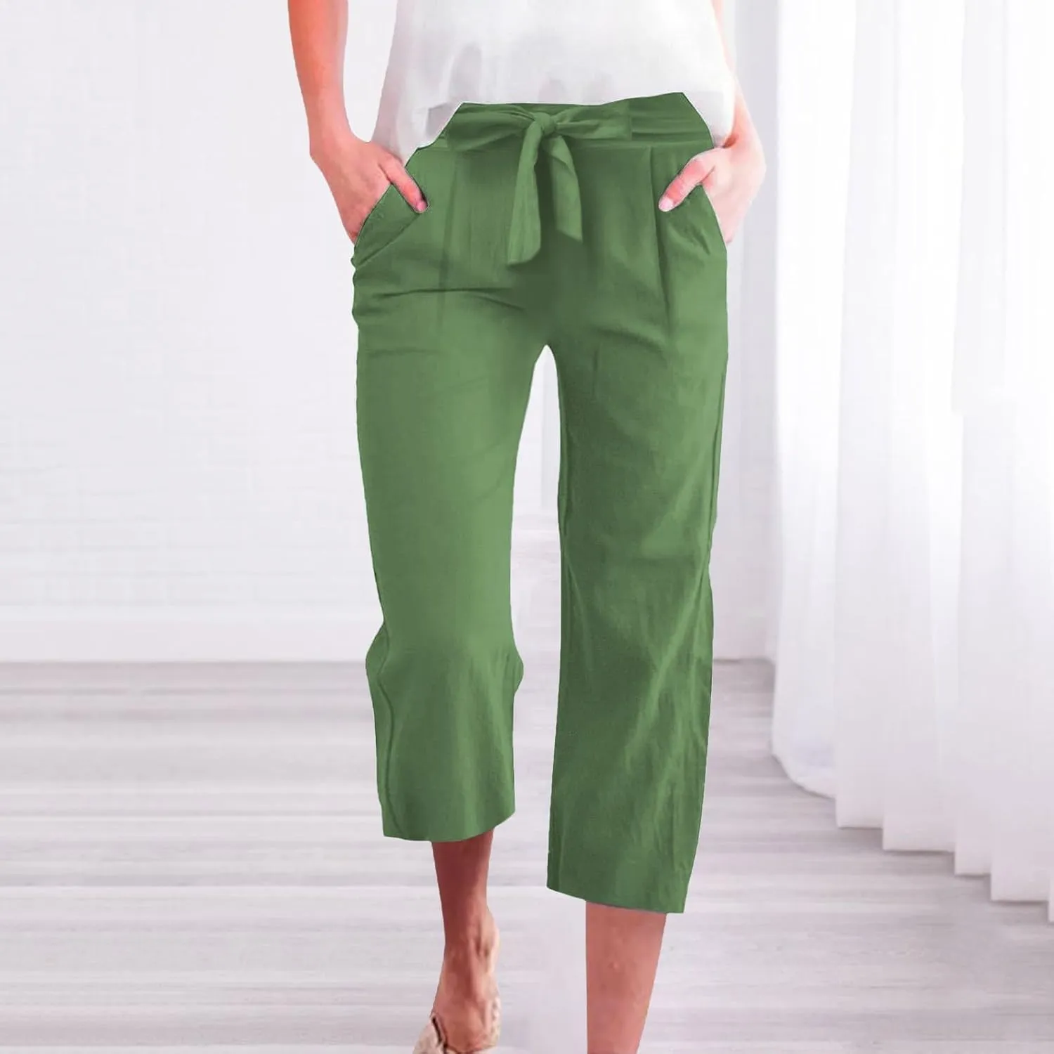 Plus Size Capris for Women Knot Tie High Waisted Linen Capri Pants Lightweight Summer Crop Paperbag Pants with Pocket