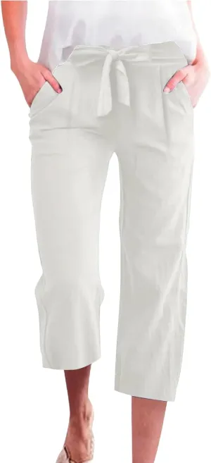 Plus Size Capris for Women Knot Tie High Waisted Linen Capri Pants Lightweight Summer Crop Paperbag Pants with Pocket