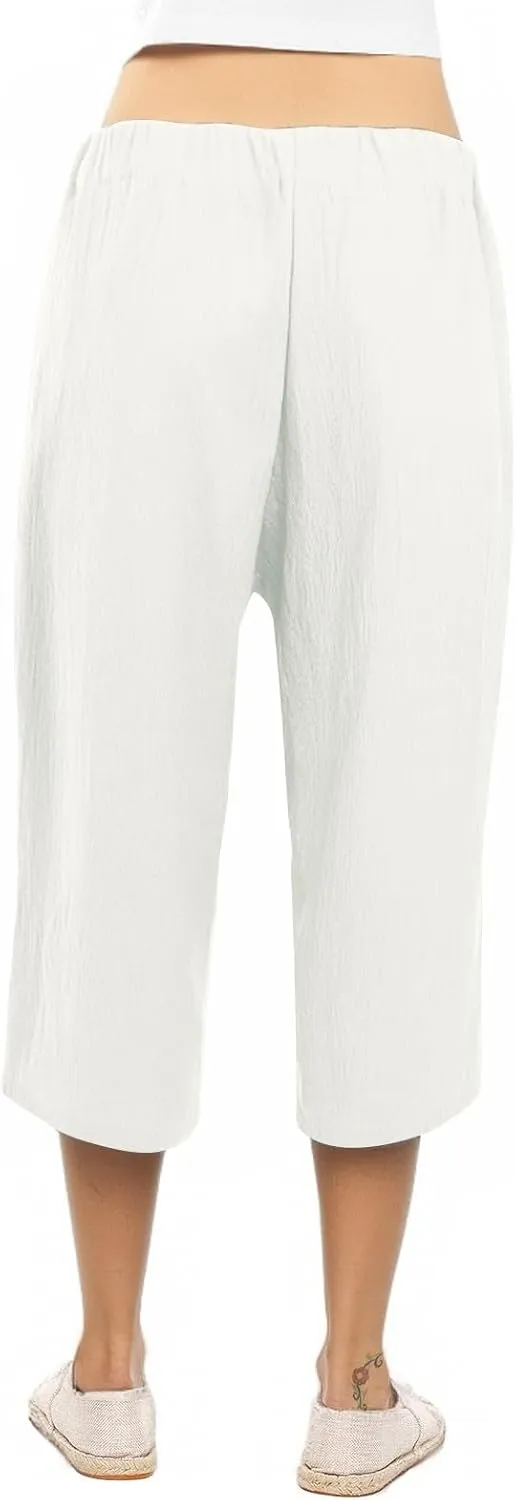 Plus Size Capris for Women Knot Tie High Waisted Linen Capri Pants Lightweight Summer Crop Paperbag Pants with Pocket