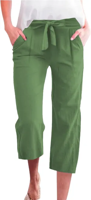 Plus Size Capris for Women Knot Tie High Waisted Linen Capri Pants Lightweight Summer Crop Paperbag Pants with Pocket