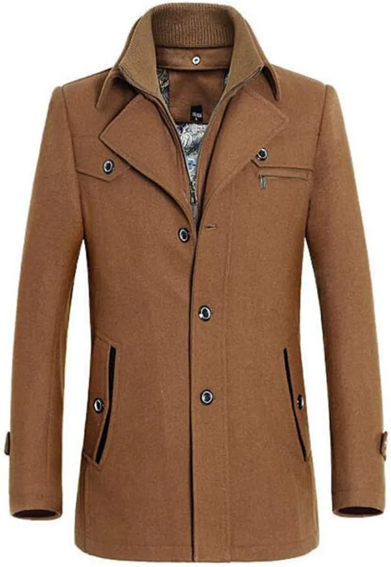 PRIJOUHE Men's Wool Coat Winter Coat Slim Medium Long Coats Overcoat Male