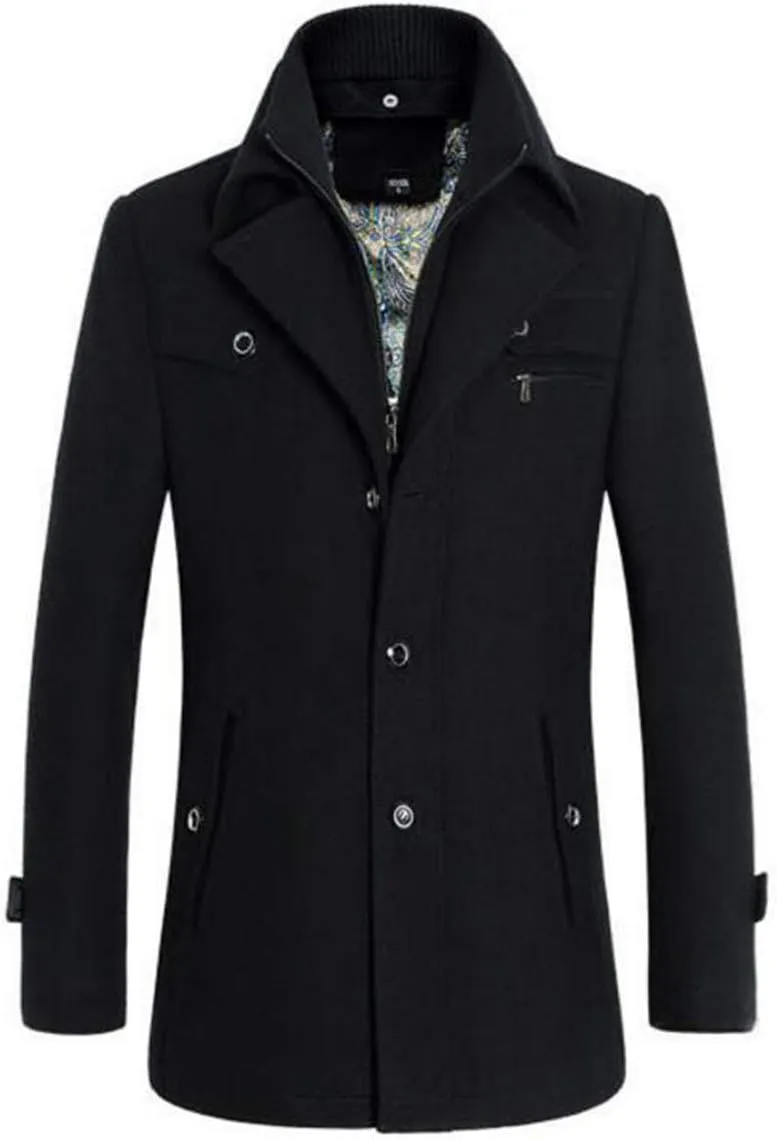 PRIJOUHE Men's Wool Coat Winter Coat Slim Medium Long Coats Overcoat Male