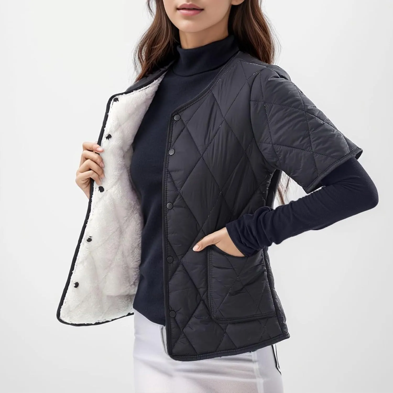 Quilted Jackets for Women Lightweight Petite Puffer Down Jacket Parkas Fleece Sherpa Button Short Sleeve Winter Coat