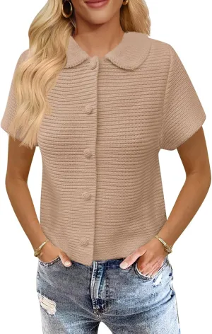 Saodimallsu Womens Short Sleeve Cropped Cardigans Casual Summer Button Down Collared Lightweight Loose Knit Sweater Top