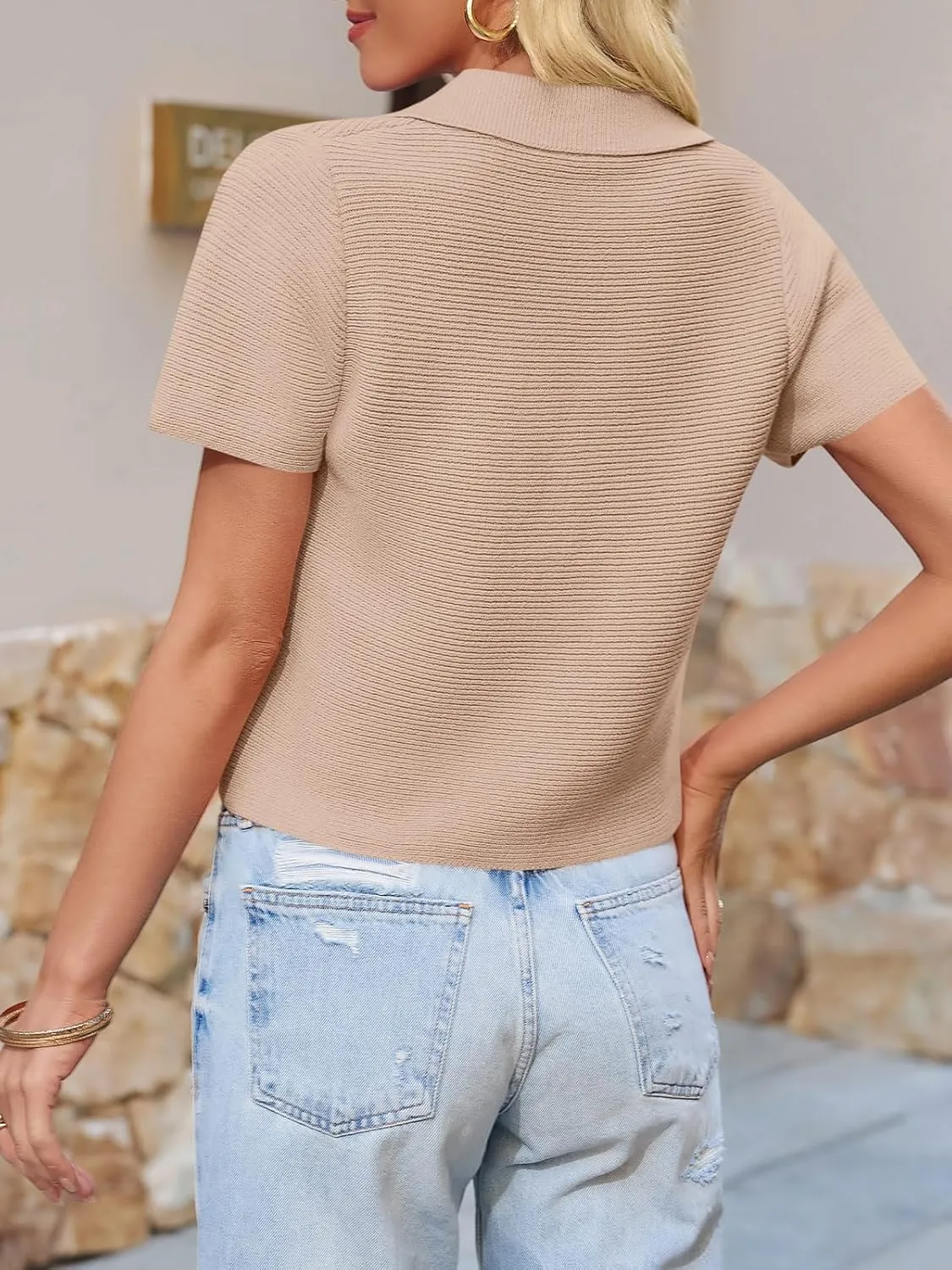 Saodimallsu Womens Short Sleeve Cropped Cardigans Casual Summer Button Down Collared Lightweight Loose Knit Sweater Top