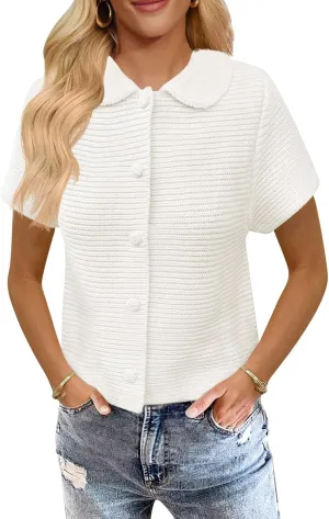 Saodimallsu Womens Short Sleeve Cropped Cardigans Casual Summer Button Down Collared Lightweight Loose Knit Sweater Top